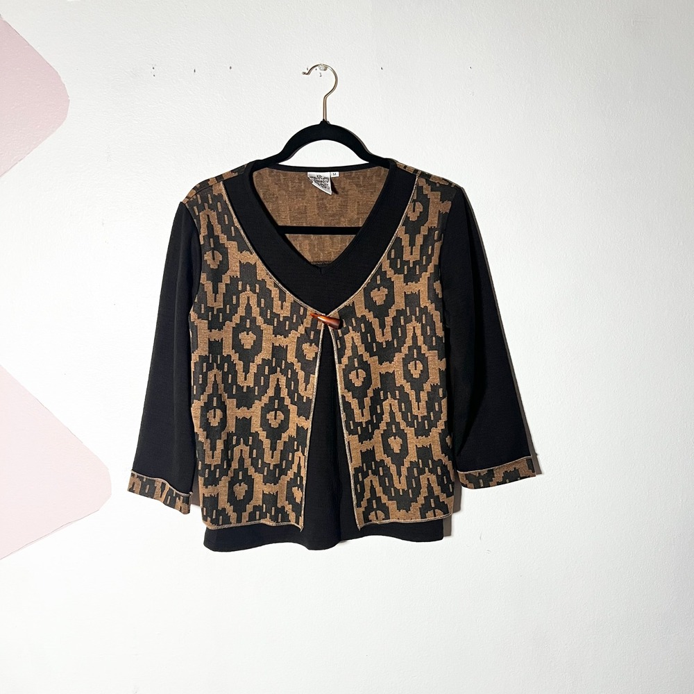 Parsley & Sage Top Womens Medium Brown Ikat Toggle Boho Lagenlook